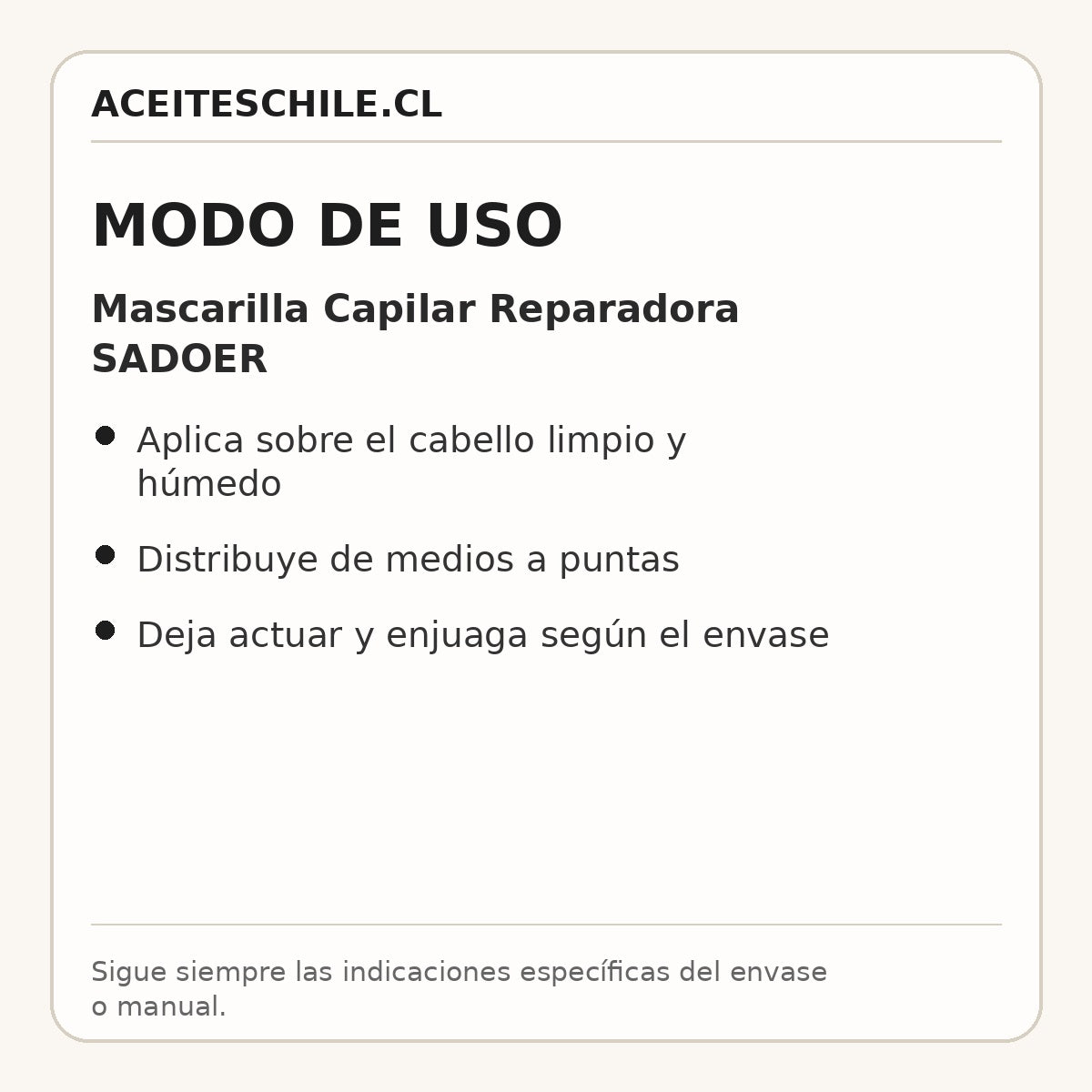 Modo de uso de Mascarilla Capilar Reparadora SADOER