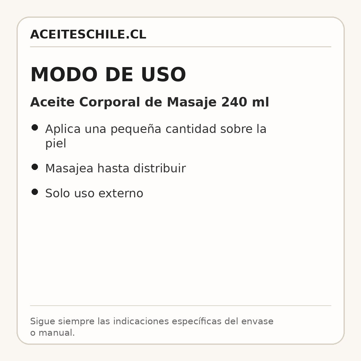 Modo de uso de Aceite Corporal de Masaje 240 ml