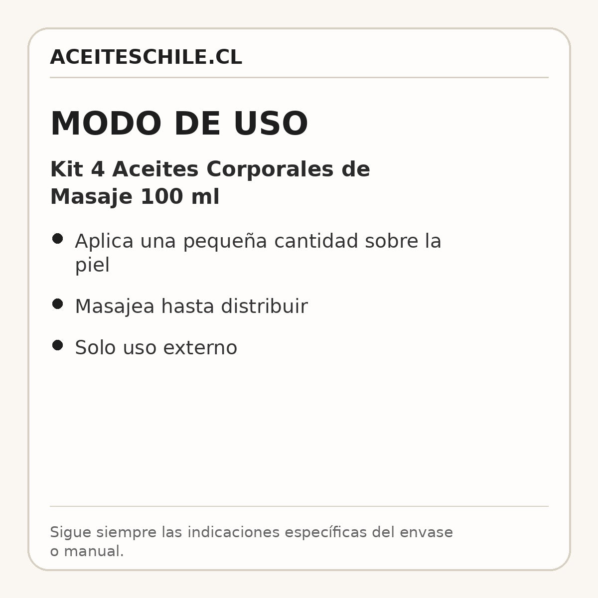 Modo de uso de Kit 4 Aceites Corporales de Masaje 100 ml