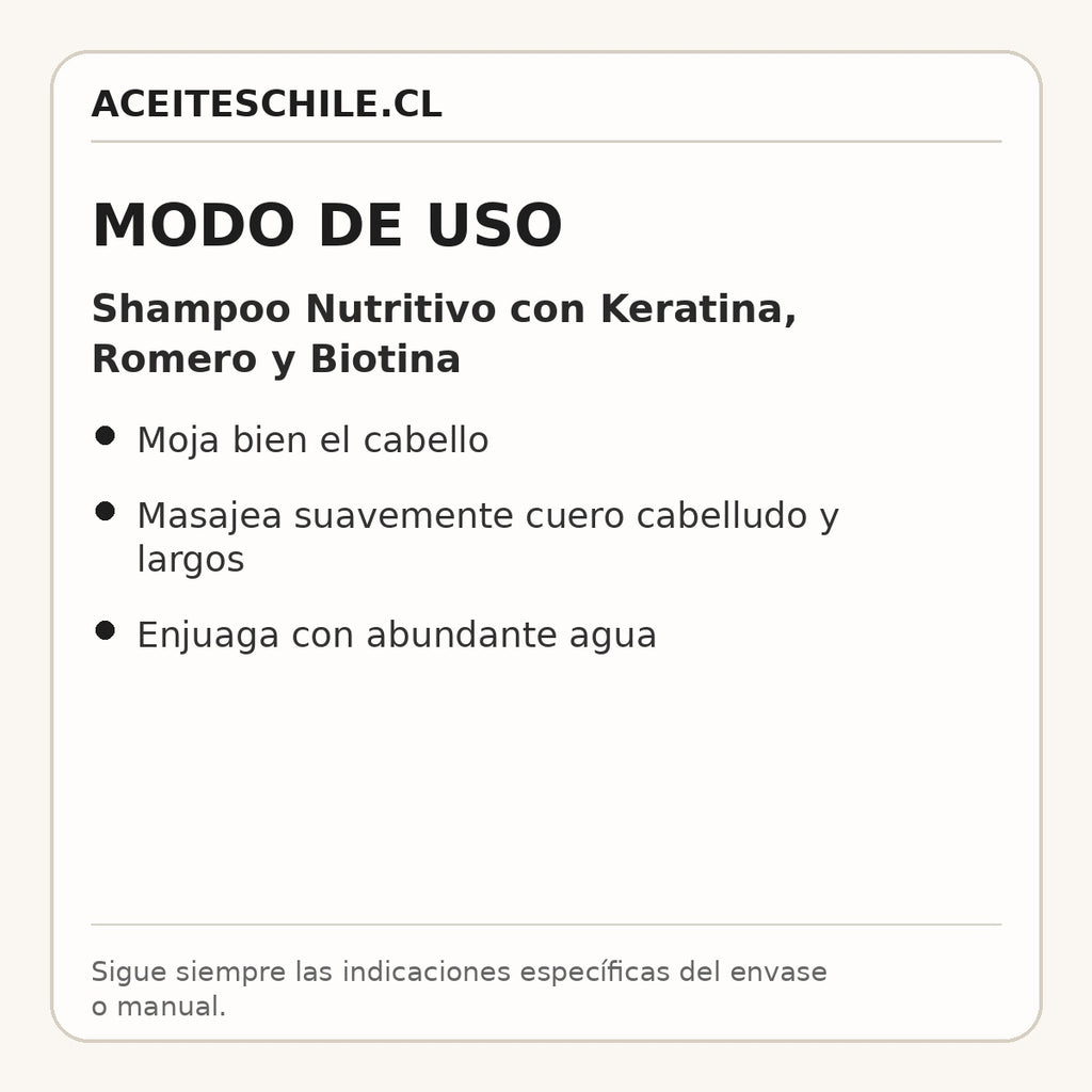 Modo de uso de Shampoo Nutritivo con Keratina, Romero y Biotina